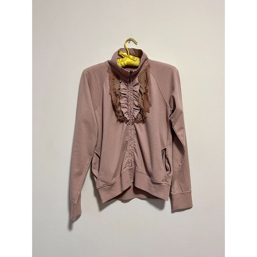 Blush Dusty Pink Zip Up Sweatshirt Raw Hem Ruffle Y2K 2000s Poly Cotton Medium